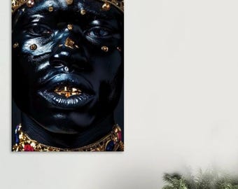 Deep Black King Royal  Wall Art – Afrocentric Luxury Portrait with Gold Crown, Divine Masculine, Black Man African Royalty  Decor Canvas