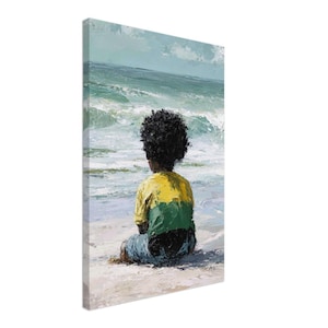 Jamaican Beach Canvas Art - Colorful Nursery Decor with Child and Jamaican Flag - Calm Aesthetic Canvas Art - Beach Coastal Caribbean Art
