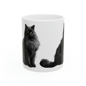 Black Fluffy Cat Mug | Gift for Coffee Lover | Cat Art Ceramic Mug, 11oz