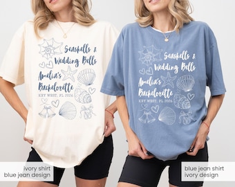 Chemise EVJF, coquillages et cloches de mariage, t-shirt de plage personnalisé, t-shirt fête de la mariée côtière, chemise voyage entre filles à Key West, tenue de la brigade de la mariée