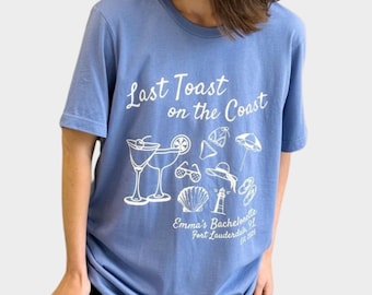 Camisetas personalizadas para despedida de solteira com o tema "Último Brinde na Costa", camisetas para festa de despedida de solteira, camisetas para despedida de solteira com tema praiano, camisetas de biquíni e martinis.