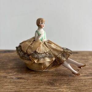 Vintage Art Deco German Porcelain Half Doll with Legs on Original Pin Cushion – 1920s Flapper Style