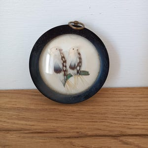 Antique Feather Bird Art: French Cottagecore Miniature in Wooden Frame
