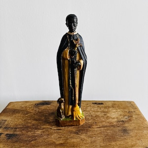 Vintage Resin Statue of Saint Martin of Porres | Signed E.T. | Catholic Saint Figurine | Religious Home Decor | Sacred Art Sculpture