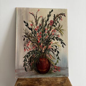 Pintura vintage francesa de bodegón con flores silvestres, óleo sobre tabla dura, firmada por Triehard, arte mural romántico estilo cottagecore, 38 x 50 cm