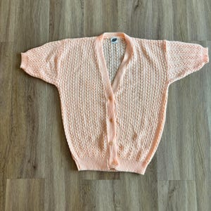 Vintage Crochet Cardigan | Peach Knit Jacket | Women&#39;s Retro Openwork Knitwear | Size UK 12/14
