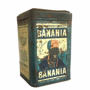 Lata de metal francesa vintage Banania | Caixa de lata colecionável verde | Decoração de cozinha francesa | Armazenamento vintage industrial | França