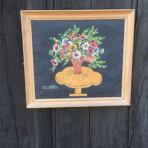 Dipinto vintage firmato su carta – "M.L. Adrien" – Arte provinciale francese – Decorazione murale rustica con cornice – Francia – Opera d'arte luminosa e colorata