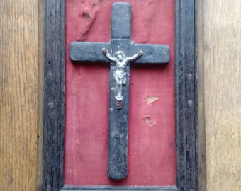 Antique Framed Crucifix: French Catholic Religious Decor