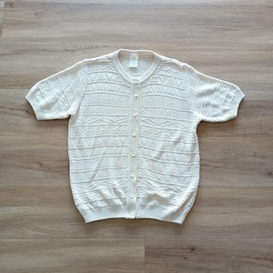Vintage Crochet Cardigan | Women&#39;s Retro Knit | Cream Beige Openwork Design | Size UK 12