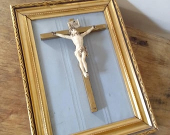 Vintage Wall Crucifix on Fabric | Original Frame | Framed Religious Decor | Meaningful Christian Gift