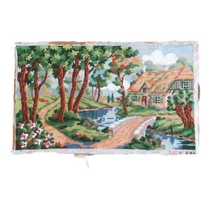 Vintage  wall tapestry - french needlepoint -  romantic cottage scene - timeless home decor