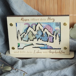 Geldgeschenk personalisiert Geschenkkarte - Karte Berge Geburtstag Hochzeit Reise Wunscherfüller Reisekasse Bilderrahmen