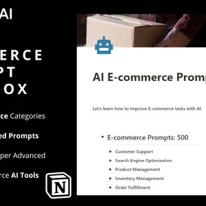 May include: A promotional graphic for an AI E-commerce Prompt Toolbox. The image features the OpenAI logo, the title, and bullet points highlighting key features: 15 E-Commerce Categories, 500+ Advanced Prompts, and 20+ AI Tools.