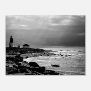 Black and White Nautical Lighthouse and Fisherman Photography Print Poster
