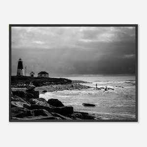 Black and White Nautical Lighthouse and Fisherman Photography Print Framed Poster