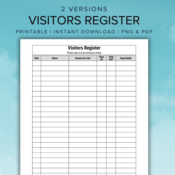 Printable Visitor Log Business Sign In & Out Sheet Client Logbook Customer Tracker Template in A4 and US Letter Instant Download PDF and PNG