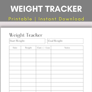 Peut inclure: Un suivi de poids imprimable avec des sections pour le poids de départ, le poids objectif, la date, le poids, le gain ou la perte et les notes.