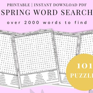 Sopas de letras de primavera imprimibles con respuestas. Juegos de palabras para aliviar el estrés, pasar tiempo libre en la pantalla, para adultos, jóvenes y adultos mayores (A4/Carta PDF)
