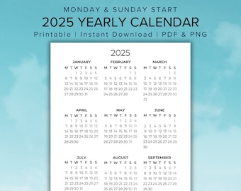 2025 Calendar 2025 Printable Annual Calendar Template Yearly Wall Calendar Minimalist Instant Download PDF & PNG Planner Inserts