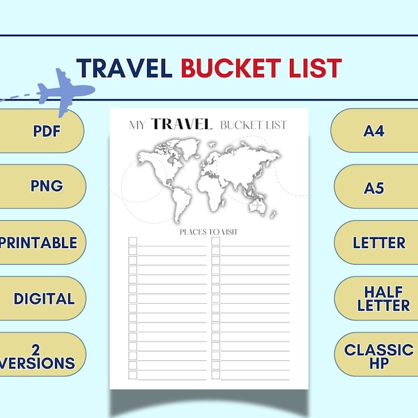 Travel Bucket List Printable Wanderlust List Places to Visit Checklist Bucket List Ideas with World Map Dream Trips Planner PDF A4/A5/Letter