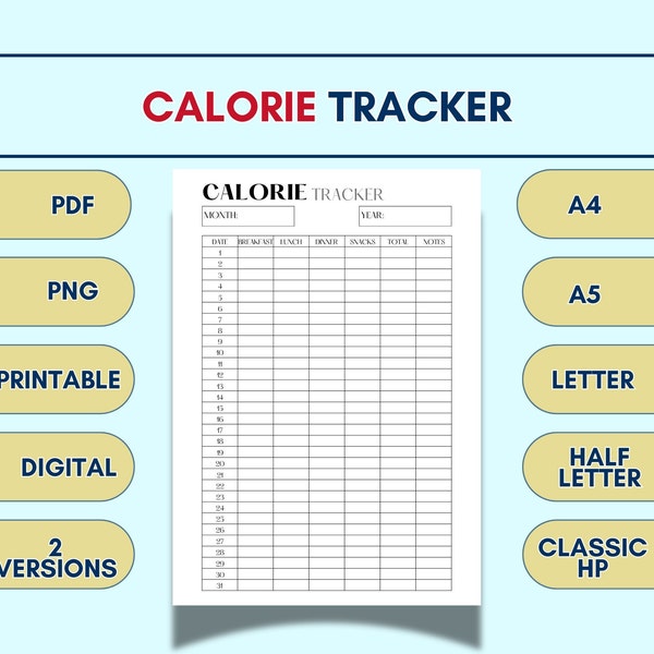 Calories Tracker Printable Monthly Fitness & Wellness Planner Insert Digital PDF PNG A4 A5 Classic HP Letter and Half for Low Calorie Diet