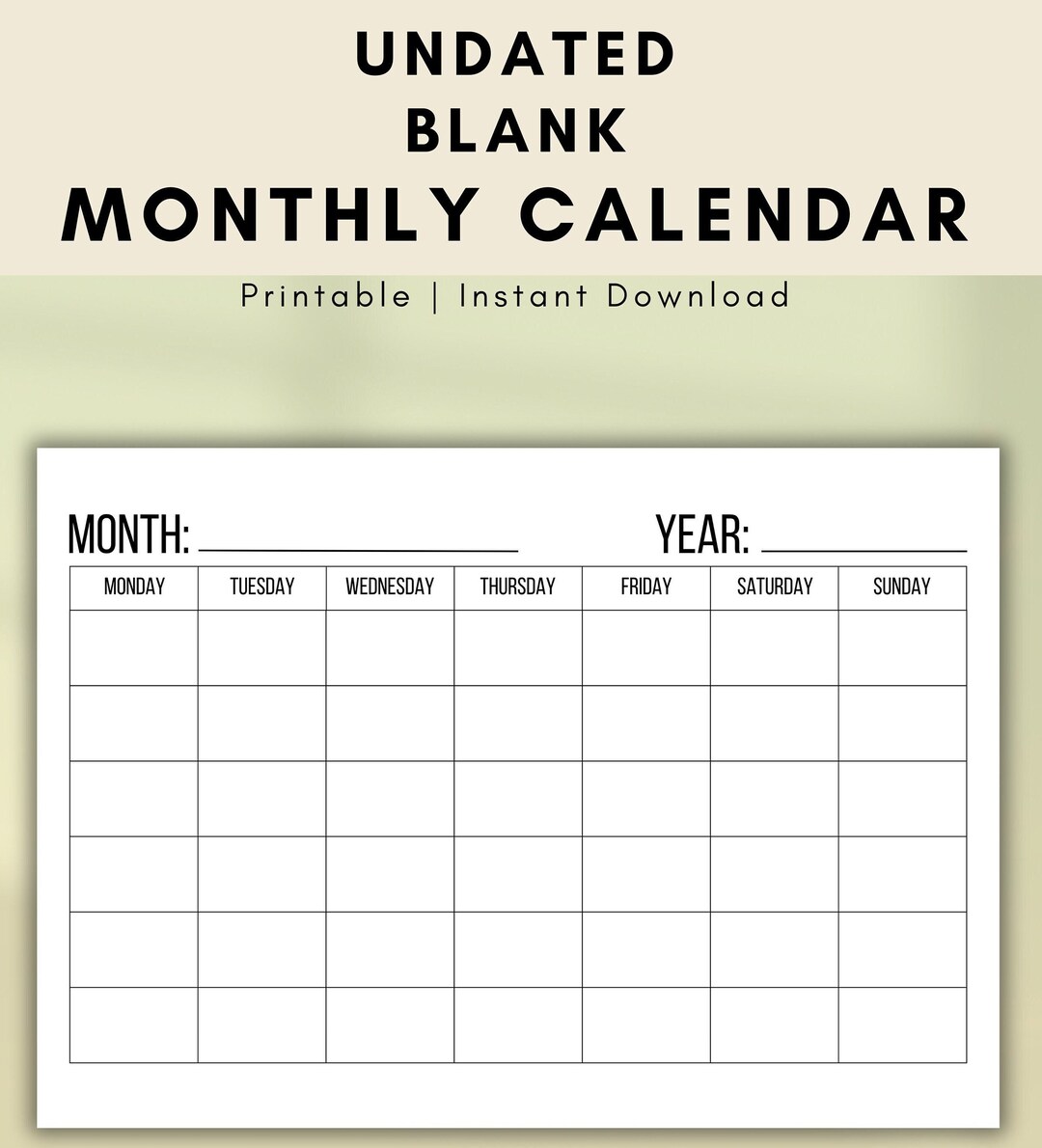 Printable Monthly Blank Calendar, Undated Perpetual Template ...