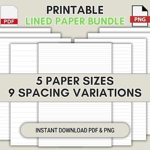 Paquete de papel rayado imprimible para cuaderno, diario, notas digitales, PDF y PNG, tamaño A4/A5/Carta/Media página/Clásico, Happy Planner, ancho, universitario, estrecho, métrico