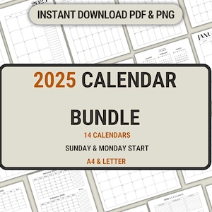 2025 Calendar Bundle Printable Inserts. Collection of 14 Dated Calendars in A4 & Letter Size. Instant Download PDF and PNG