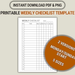 Plantilla de lista de verificación semanal imprimible y digital minimalista para listas de tareas A4, A5, carta, media página y clásica Happy Planner Insertar en PDF y PNG