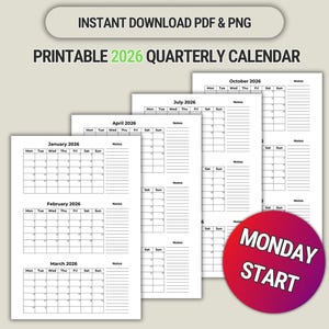 2026 Calendar Printable | 2026 Quarterly Wall Calendar or Planner Insert | 3 Months Per Page | Monday Start in A3 A4 A5 US Letter PDF