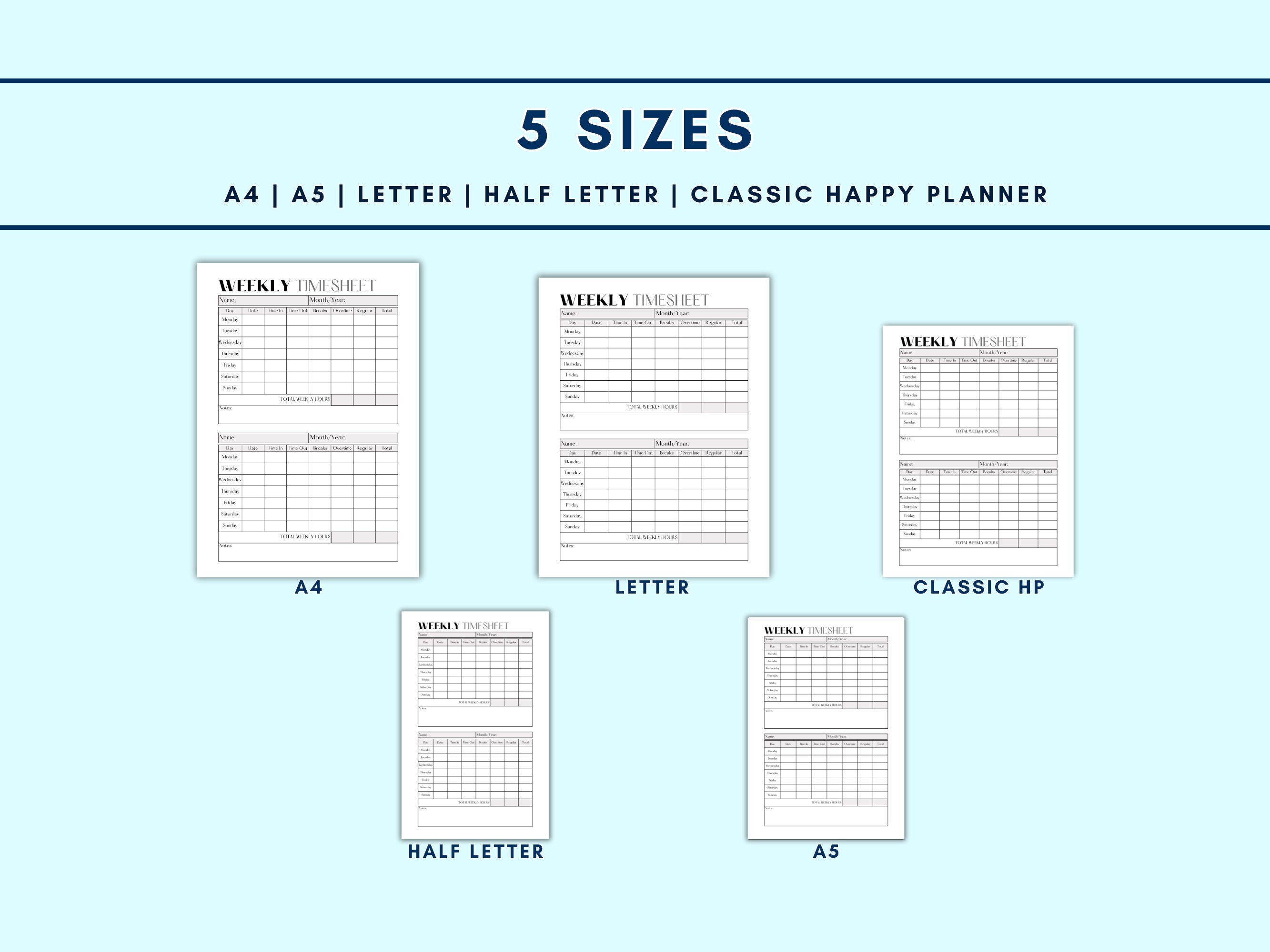 Printable Weekly Timesheet Template PDF Employee Work Schedule Log ...