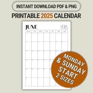 Calendario imprimible 2025 Planificador mensual para 2025 Tamaño carta y A4 Vertical Lunes y domingo Inicio Simple Minimalista Descarga instantánea PDF