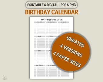 Birthday Calendar Printable: Perpetual Tracker, Family Planner (PDF Download)