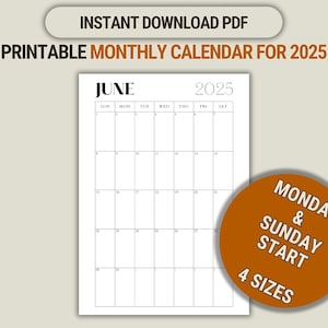 Calendario mensual imprimible 2025, plantilla de planificador (inicio lunes y domingo), 12 meses, minimalista, descarga instantánea en PDF, tamaño carta, A4, A5, vertical.