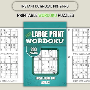 Libro de rompecabezas Wordoku imprimible, 200 juegos de sudoku con palabras y letras grandes para adultos, adolescentes y adultos mayores. Formatos A4 y carta (PDF digital).