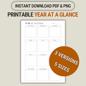 Year At a Glance Printable Annual Planner Insert | Yearly Overview Digital PDF | Undated Calendar Template in A4 A5 Letter Half & Classic HP