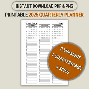 Planificador trimestral 2025, imprimible y digital, en formato PDF/PNG, calendario de pared trimestral con 3 meses por página, inicio lunes, en formato A3/A4/A5/Carta.