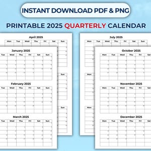 Calendario imprimible de 3 meses por página 2025 (inicio lunes y domingo) - Inserto de planificador, calendario de pared trimestral 2025 en formato A3, A4, A5, tamaño carta (EE. UU.), PDF, PNG