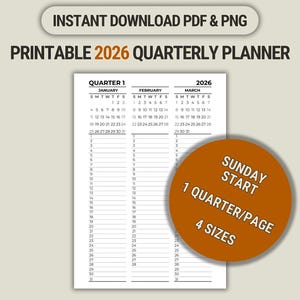 2026 Quarterly Planner Printable | Minimalist Calendar Inserts (PDF) Starting Sunday