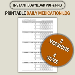 Printable Daily Medication Log Simple Meds Schedule List To Print At Home Medicine Intake Tracker Template Instant Download PDF/PNG Reminder