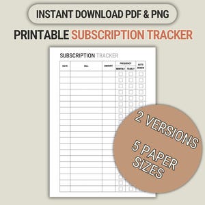Planificador imprimible de seguimiento de suscripciones (PDF y PNG)