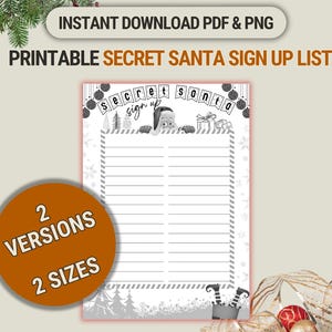 Folha de inscrição para amigo secreto, lista para troca de presentes de Natal para impressão para feriados de trabalho e família, formato A4 e carta dos EUA, PDF e PNG