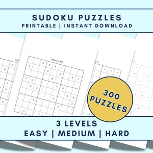 Juego de Sudoku imprimible digital, 300 páginas de Sudoku para niños, adolescentes, adultos mayores, nivel fácil, medio difícil, PDF, rompecabezas para adultos, tamaño carta A4