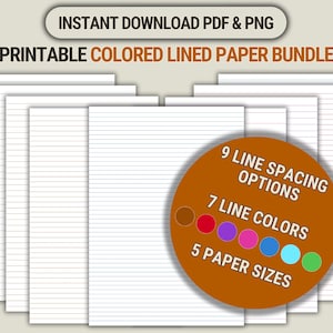 Set di carta a righe colorate stampabile per quaderni, diari, note digitali A4/A5/lettera/metà/classico Happy Planner, formato largo/universitario/stretto/metrico PDF