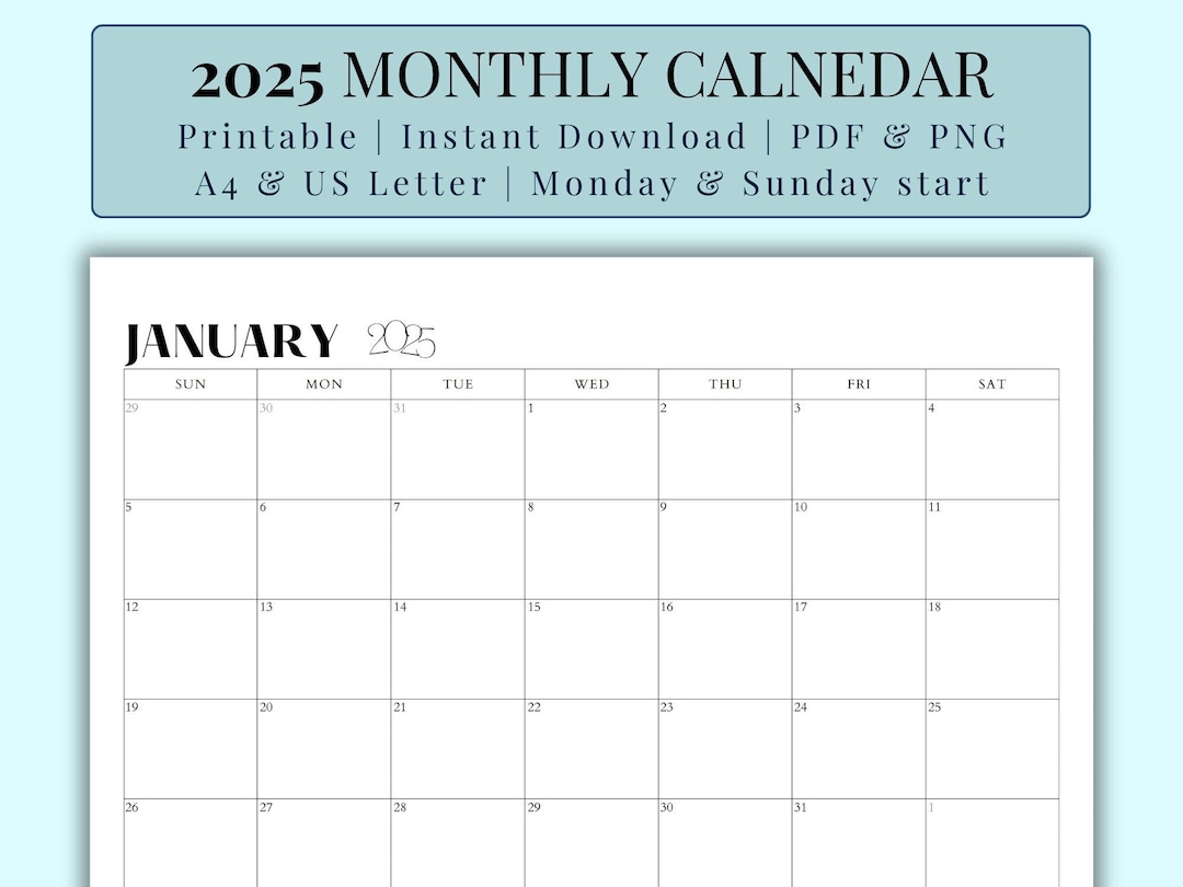 Printable 2025 Calendar 2025 Monthly Planner Letter and A4 Landscape