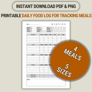 Registro diario de alimentos imprimible para el seguimiento de comidas. Diario para registrar y controlar la ingesta de alimentos. PDF y PNG en A4/A5/Carta/Media/Clásico HP.