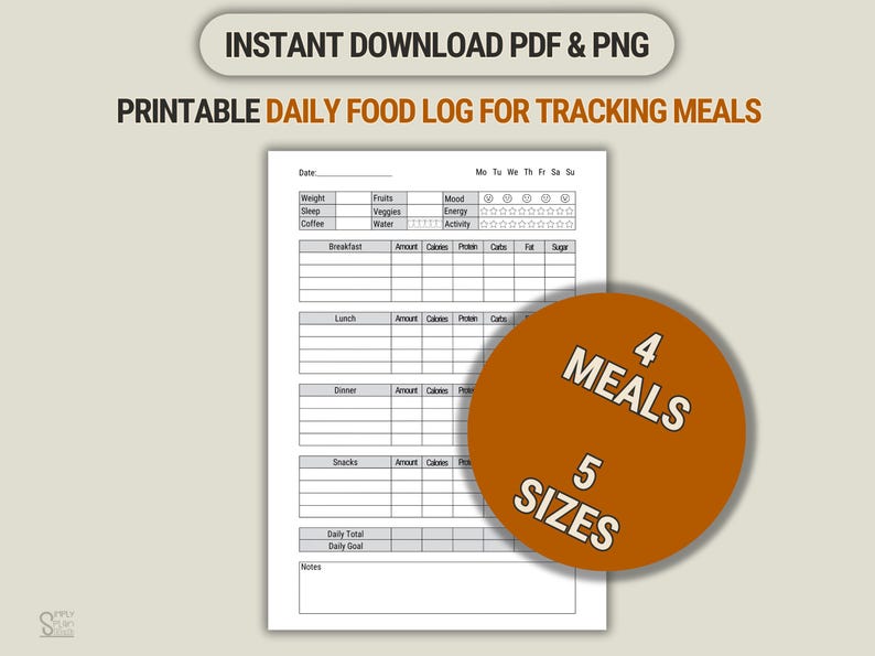 Printable Daily Food Log: Meal Tracker, Calorie Counter (PDF & PNG) - Etsy