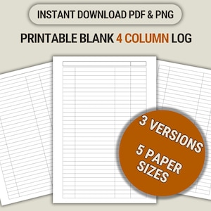 Plantilla de registro multiusos imprimible de 4 columnas, formulario de registro personalizable en PDF y PNG, tamaño A4/A5/Carta/Media página/Planificador clásico.