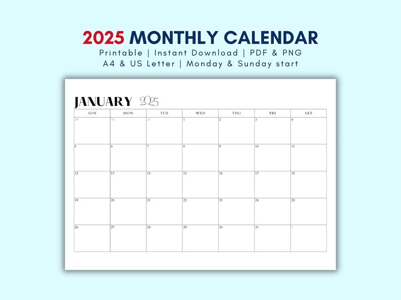 Printable 2025 Calendar 2025 Monthly Planner, Letter and A4, Landscape